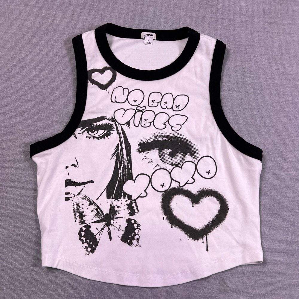 Garage‎ No Bad Vibes Graphic Ringer Crop Tank Top Kids Large White Cotton